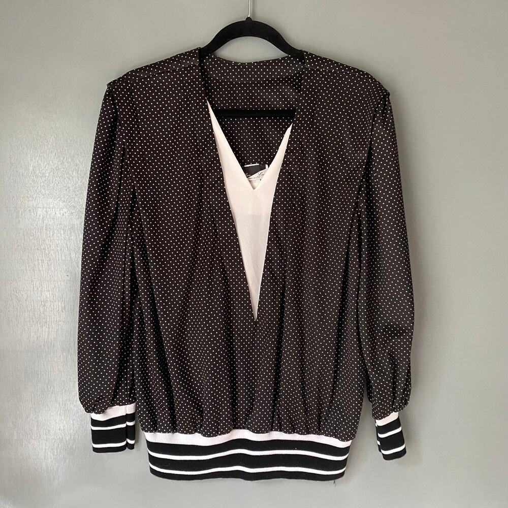 VINTAGE Leni Leni Women's 16 Black White Polka Dot Secretary Blouse Stretch
